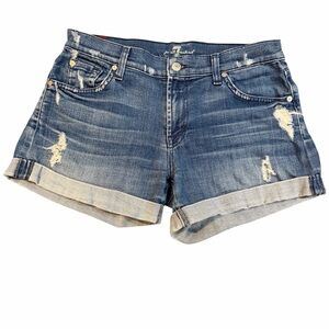 7 For All Mankind Distressed Cuffed Jean Shorts – Women’s – Dark Wash – Sz 28